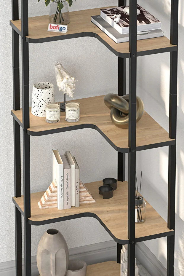 6 Raflı Kitaplık Dekoratif Kitaplık Metal Kitaplık Ofis Kitaplığı Aksesuar Rafı Sardes Safir Meşe